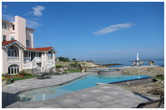 stucco home rear elevation with pool